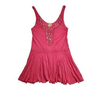 Free People Scoop Neck Sequin Tunic Tank Top Sz M Pink Flowy Festival Boho